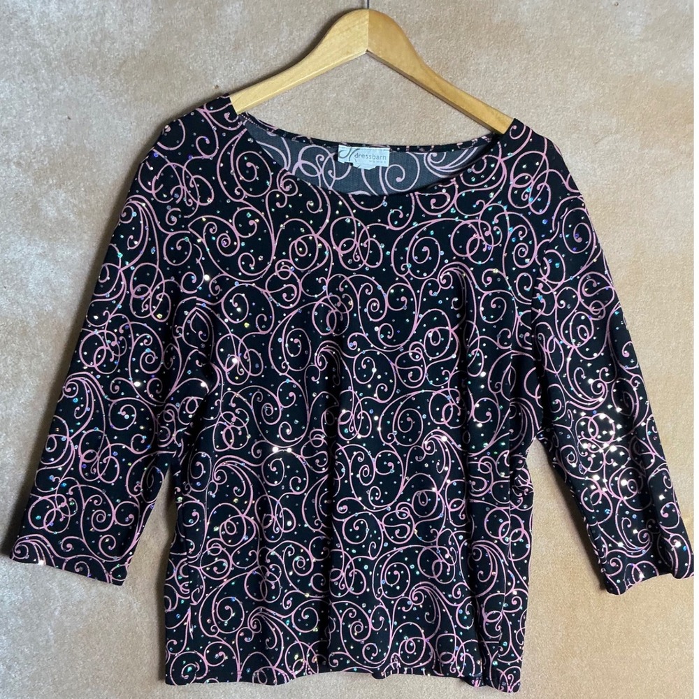 Dressbarn Woman Black‎ Pink Swirl Glitter 3/4 Sleeve Top Tunic Size 1X